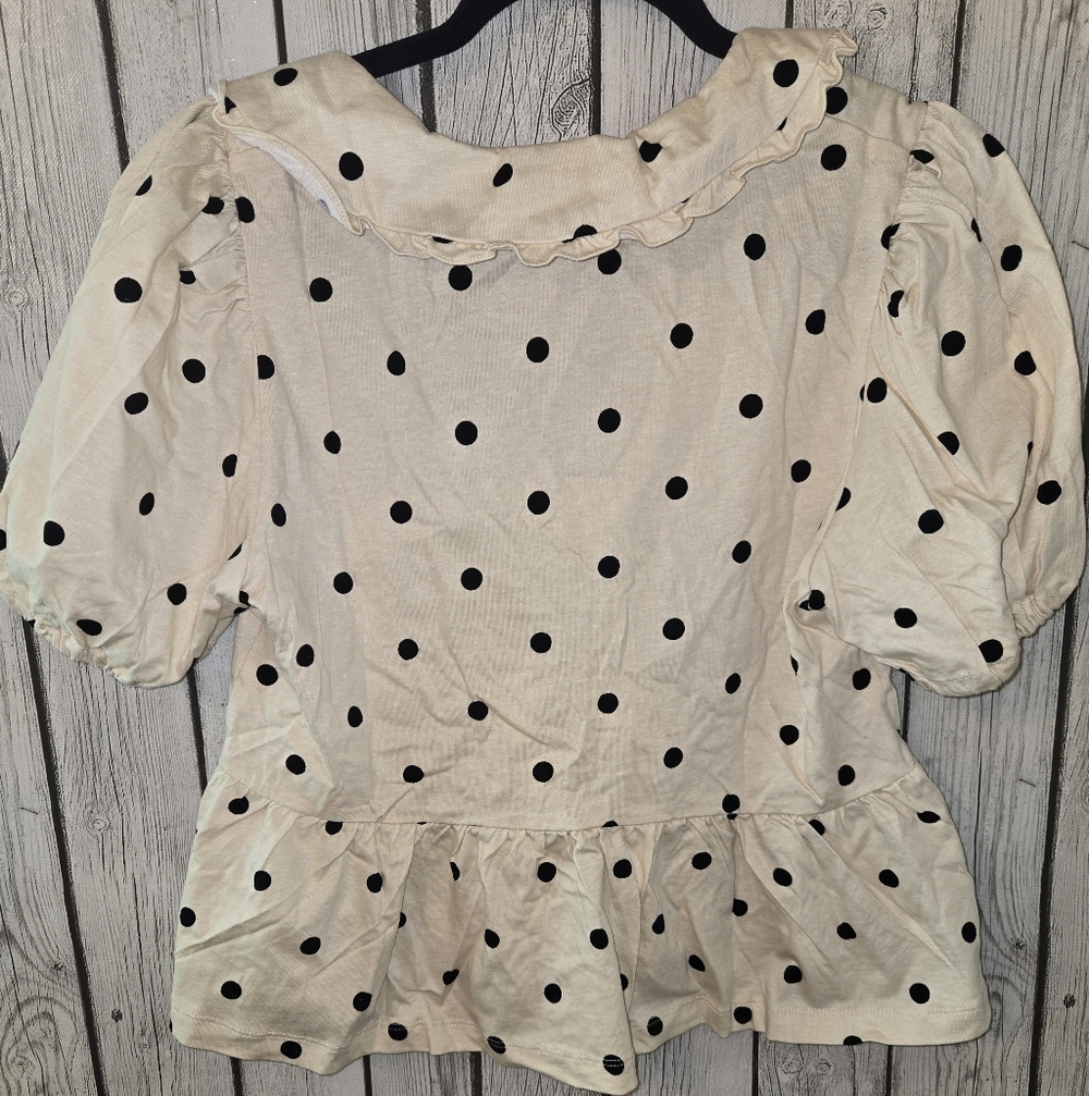 Porridge Polka Dot Tie Front Peplum Blouse Peter Pan Collar Puff Sleeve NWT Med - Picture 8 of 9